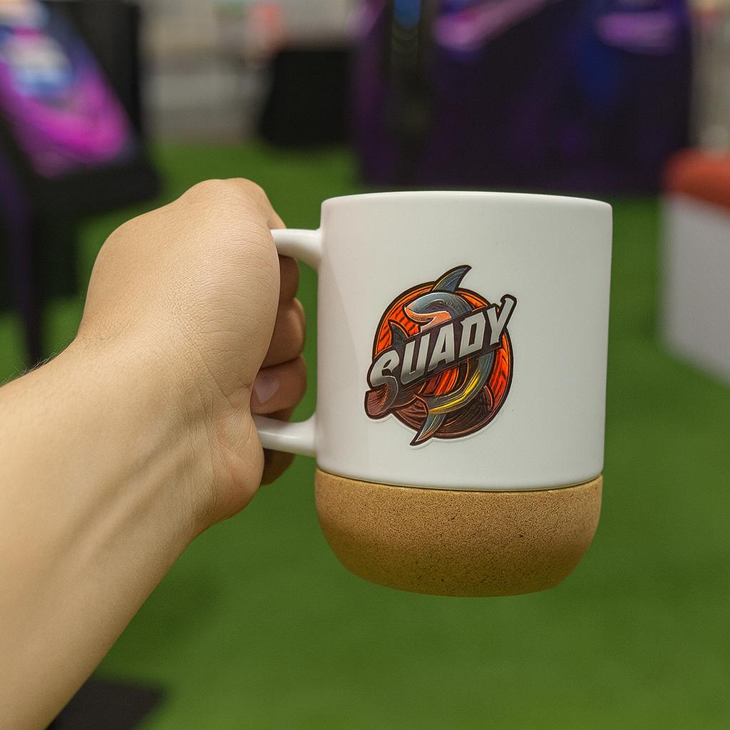 Two people customizing merchandise on tablets using Craft AI at an exhibition stand, with branded mugs and T-shirts displayed in a vibrant, professional setup